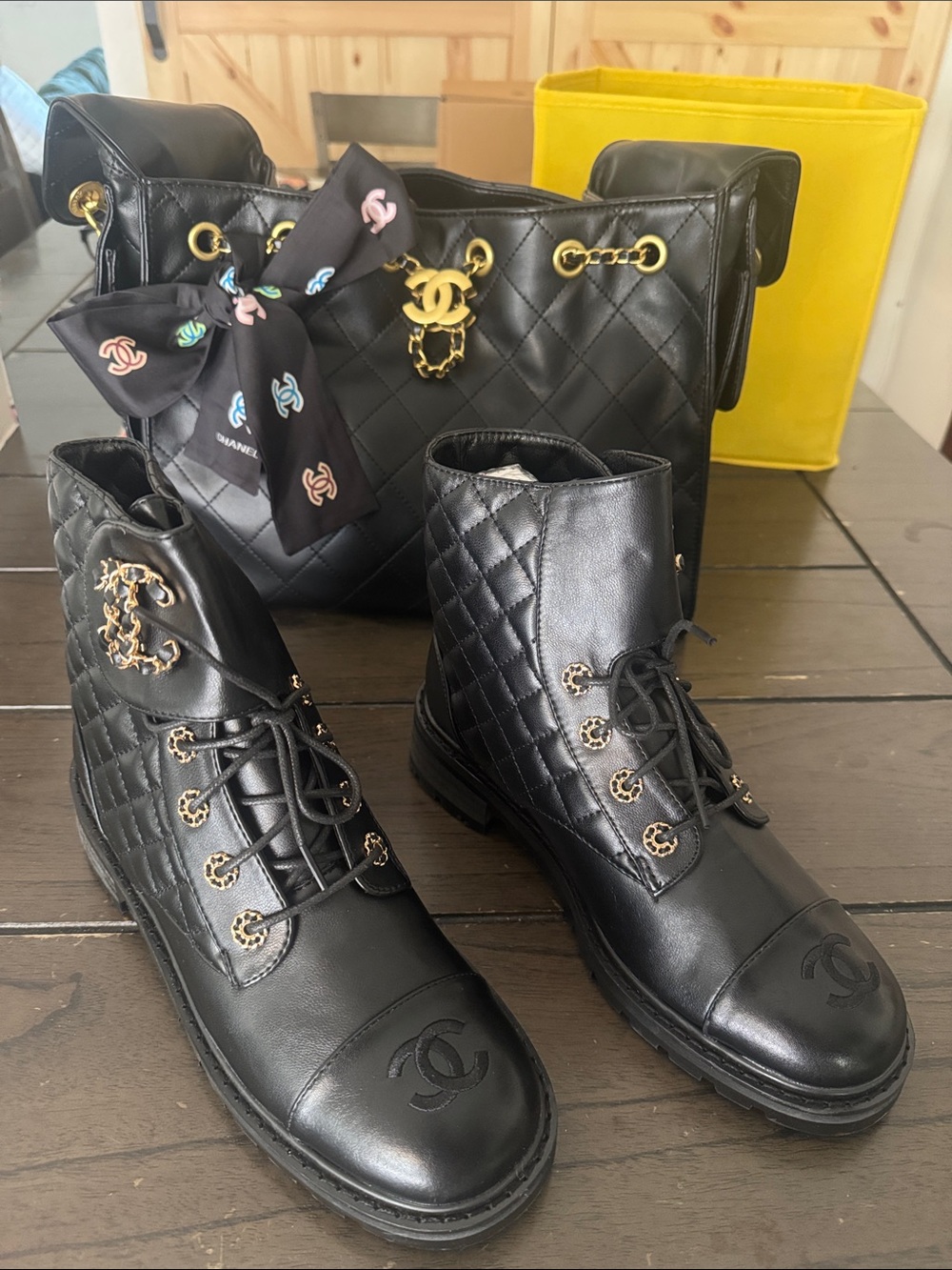 Black Quilted Lace-Up Combat Boots with Gold Hardware